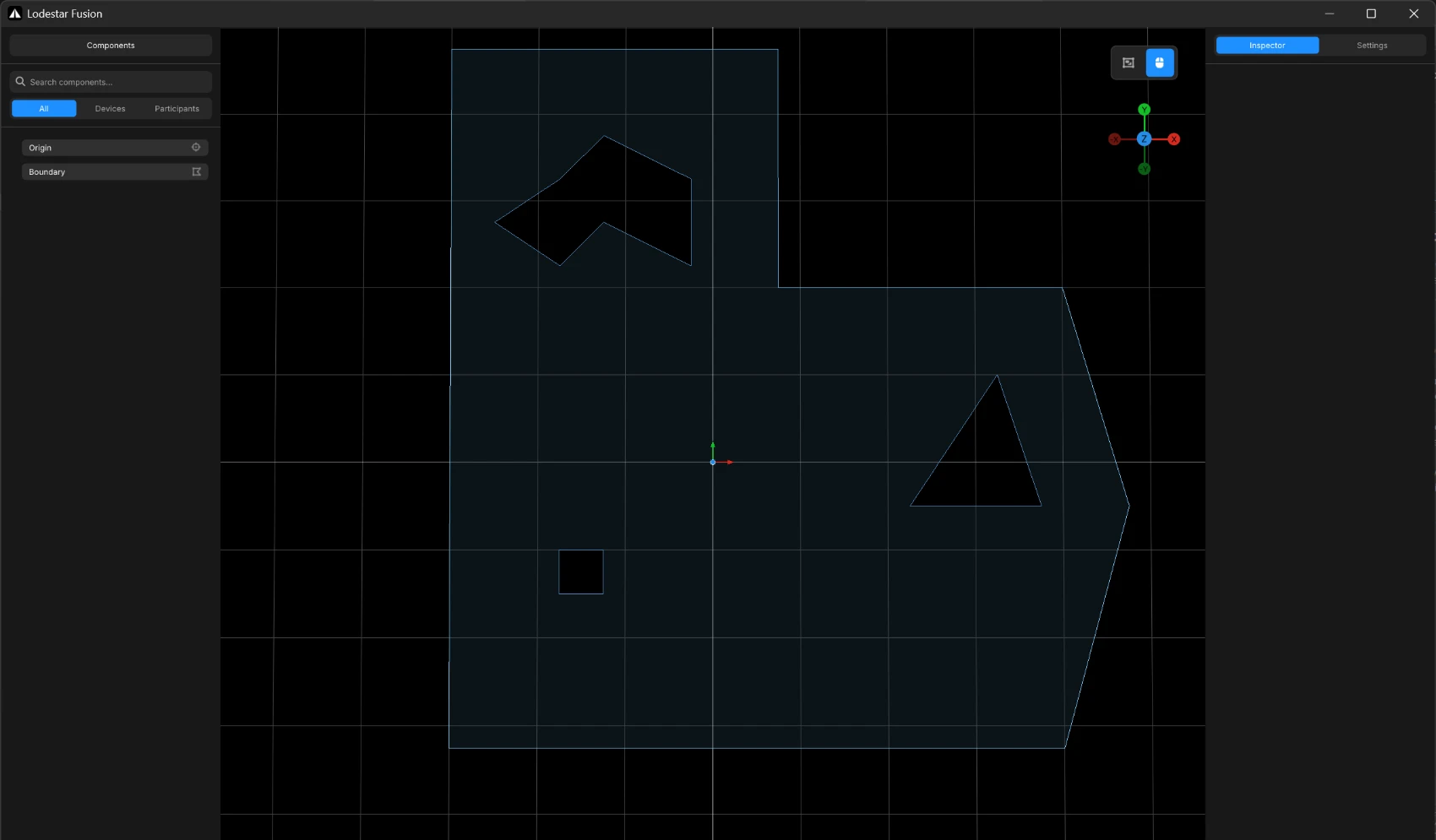 The Lodestar server application: a searchable component list on the left, a top-down venue view in the center showing the drawn boundary and the origin marker, and an inspector on the right