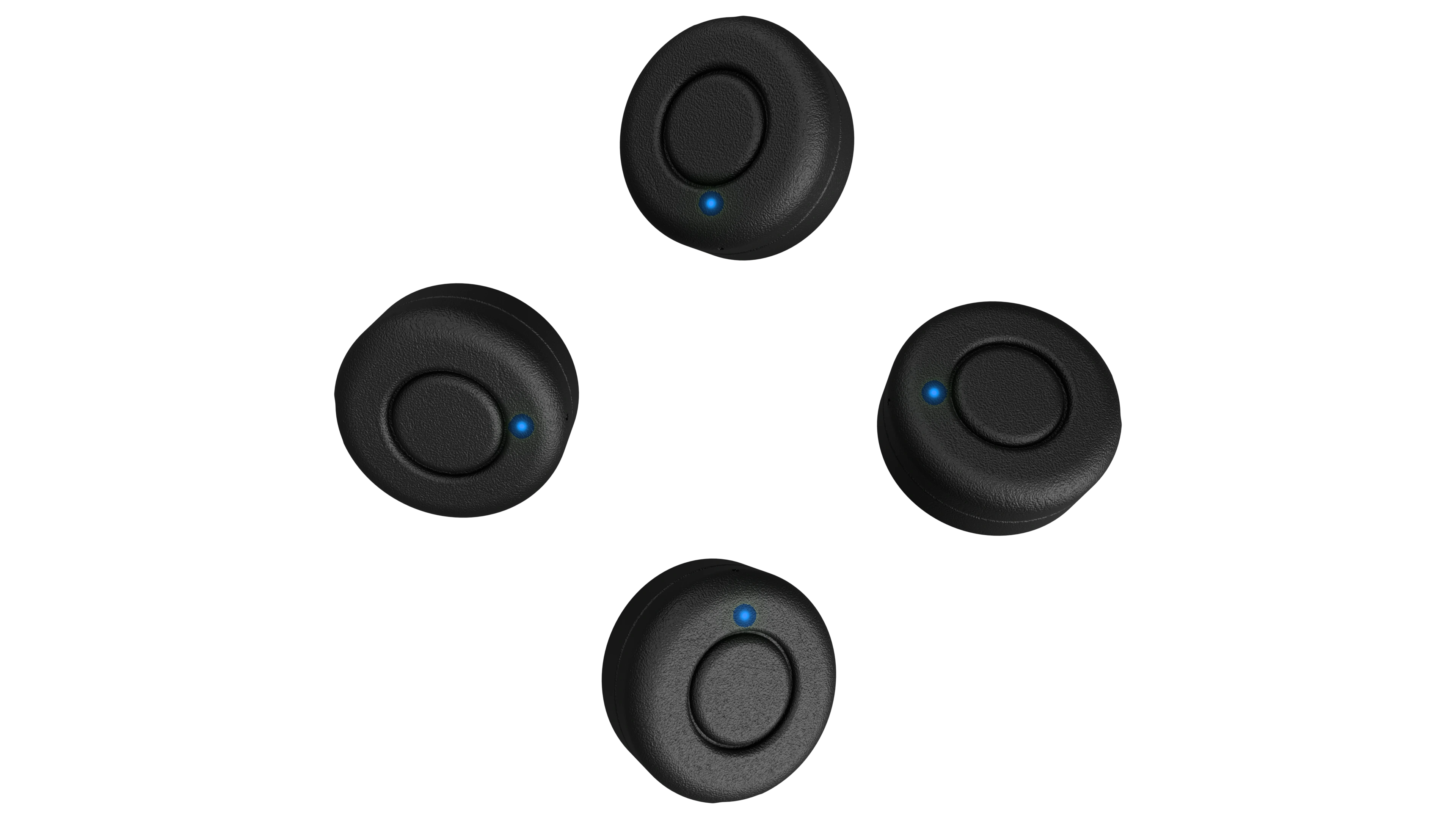 Four Lodestar pucks configured as venue anchors, their status lights blue